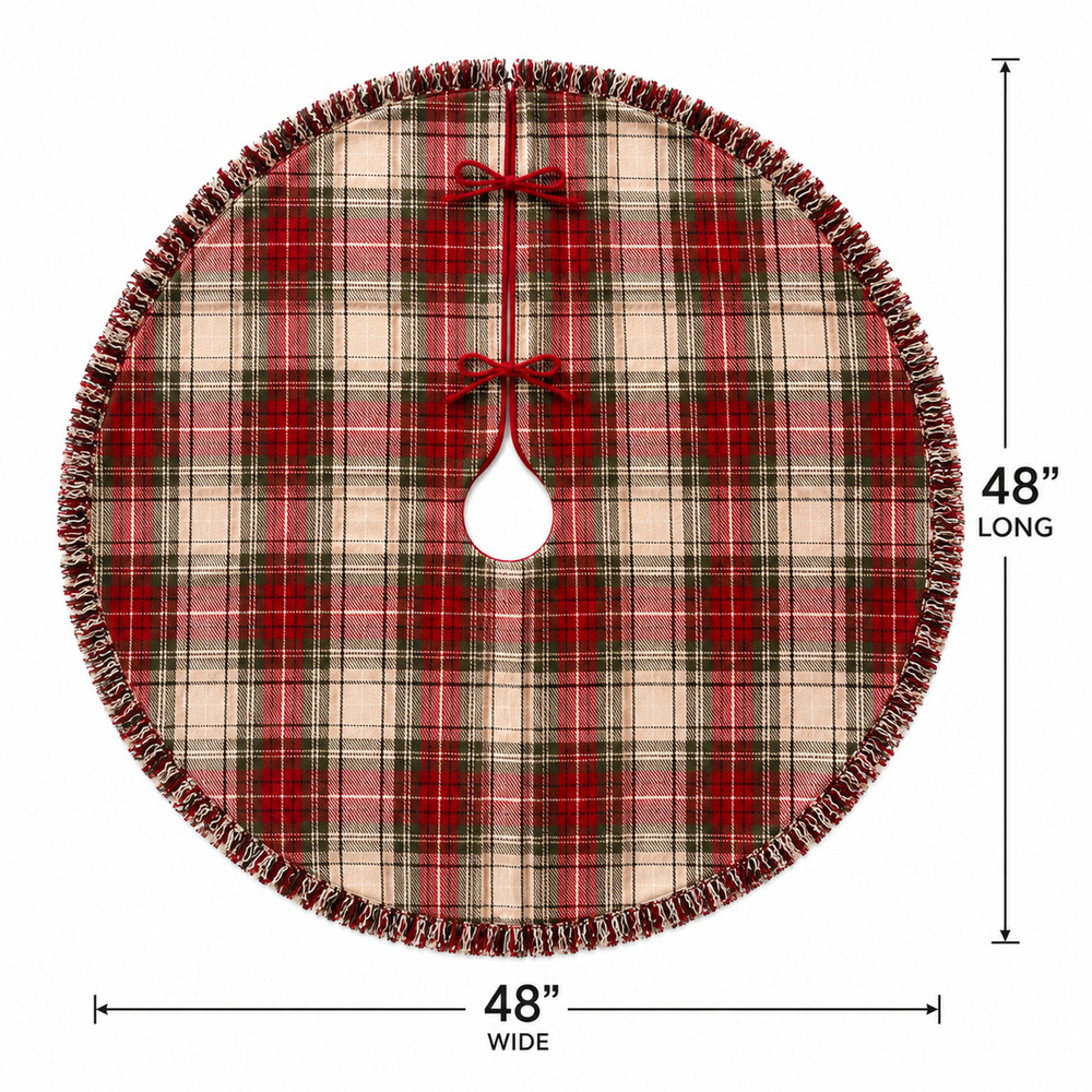 48" Plaid Christmas Tree Skirt Red Green Fringe Rustic Farmhouse Holiday Decor